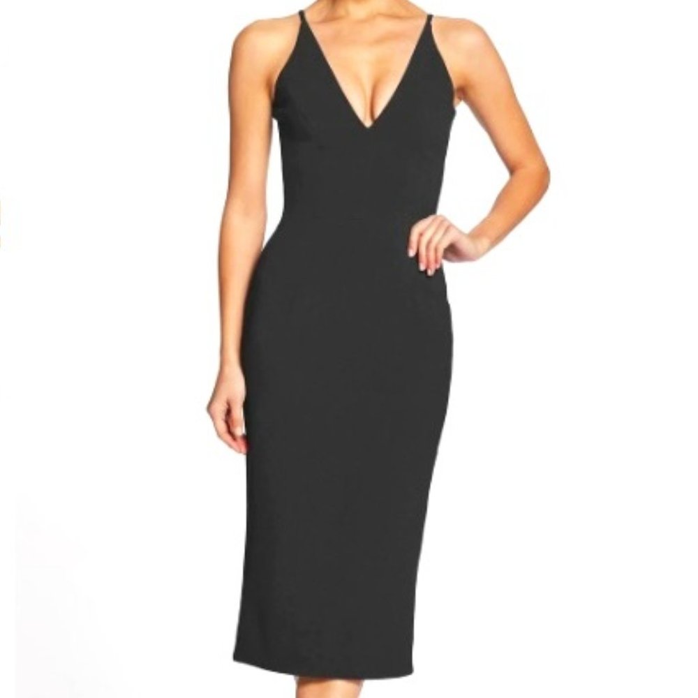 NWT Dress the Population Lyla Dress - Midi Sheath Dress in Black Size Small